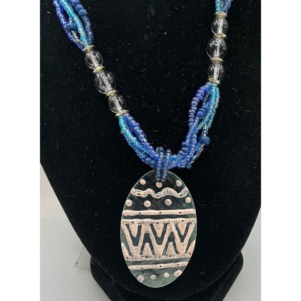 Boho Multi Strand‎ Blue Beaded Necklace with Oval Pendant